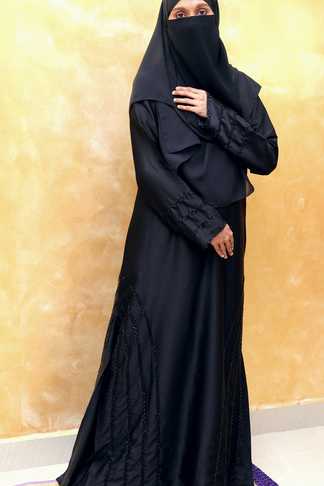 Black Fancy Embroidered A‑Line Abaya | Pearl & Bead Side Detailing | Designer