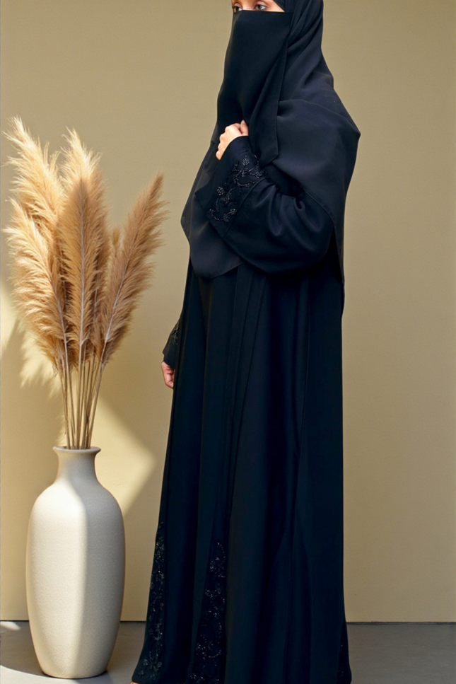 Black Hand‑Embroidered Sleeve & Side Panel Abaya