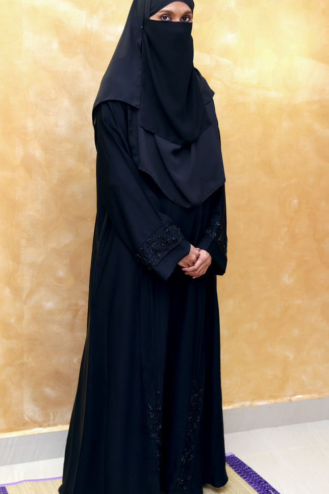 Black Hand‑Embroidered Sleeve & Side Panel Abaya