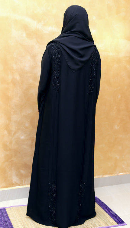 Black Hand‑Embroidered Sleeve & Side Panel Abaya