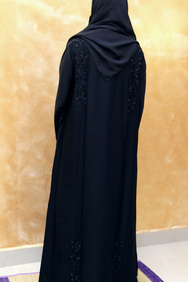Black Hand‑Embroidered Sleeve & Side Panel Abaya
