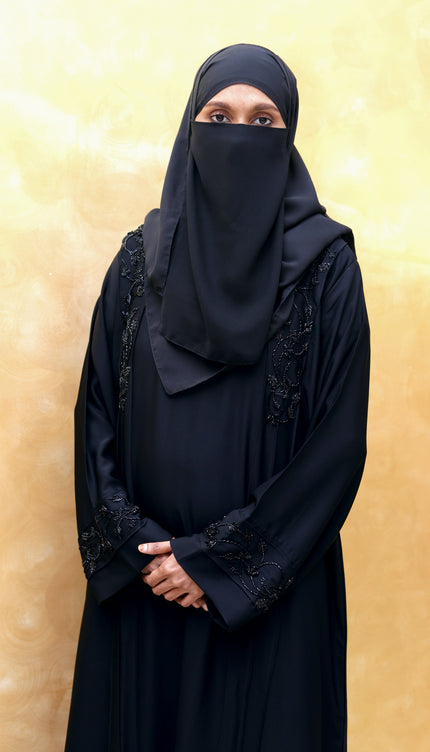 Black Hand‑Embroidered Sleeve & Side Panel Abaya