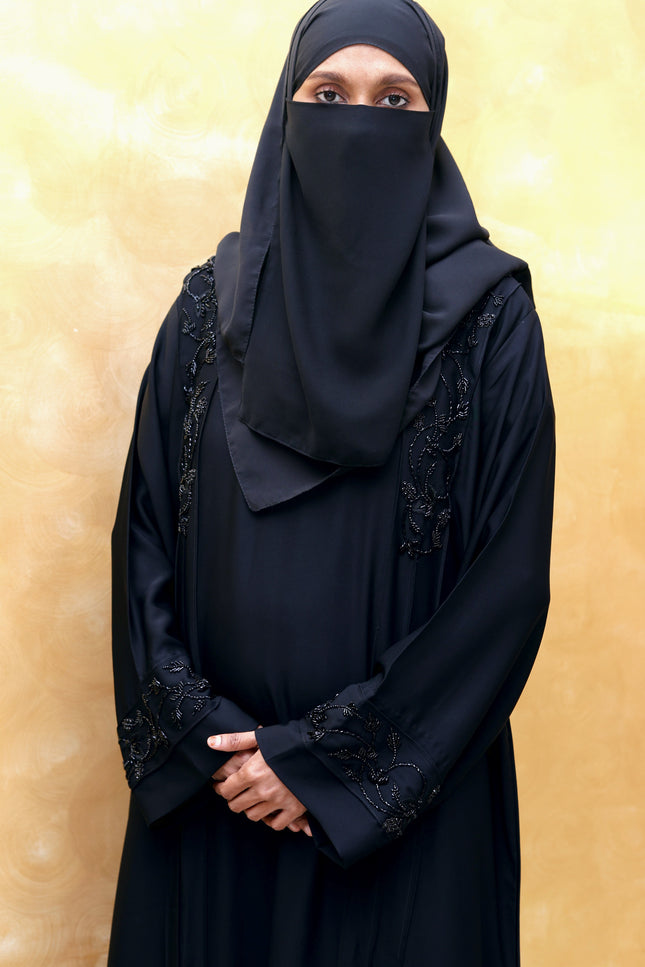 Black Hand‑Embroidered Sleeve & Side Panel Abaya