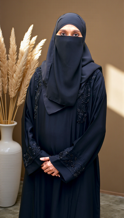 Black Hand‑Embroidered Sleeve & Side Panel Abaya