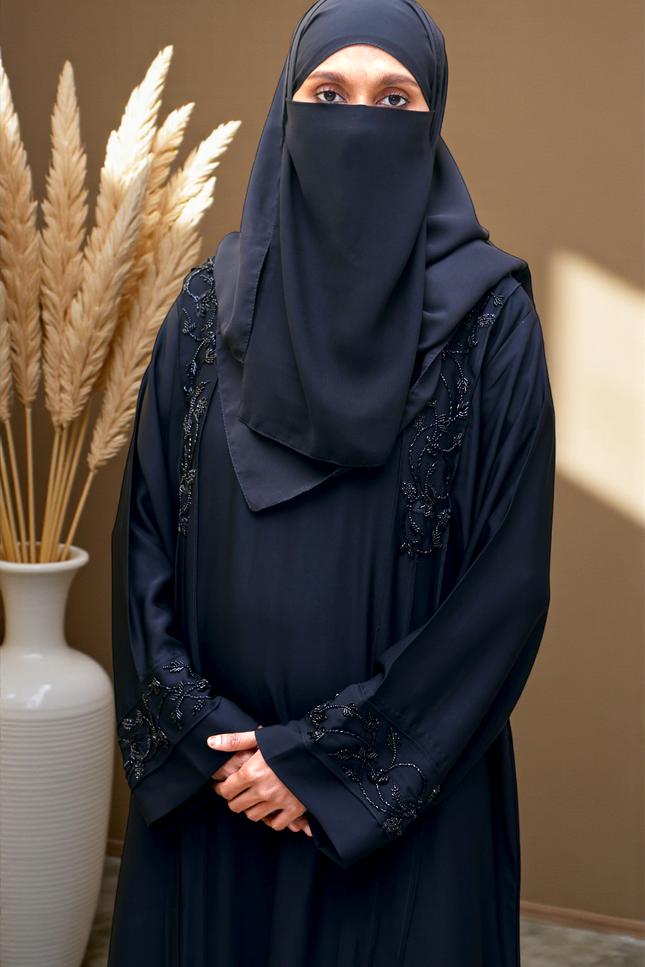 Black Hand‑Embroidered Sleeve & Side Panel Abaya