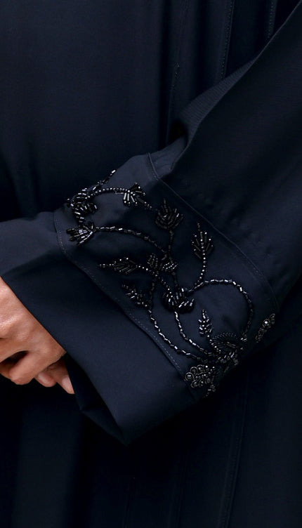 Black Hand‑Embroidered Sleeve & Side Panel Abaya