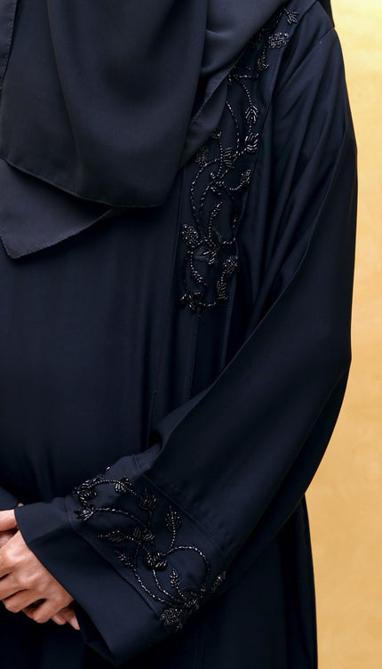 Black Hand‑Embroidered Sleeve & Side Panel Abaya
