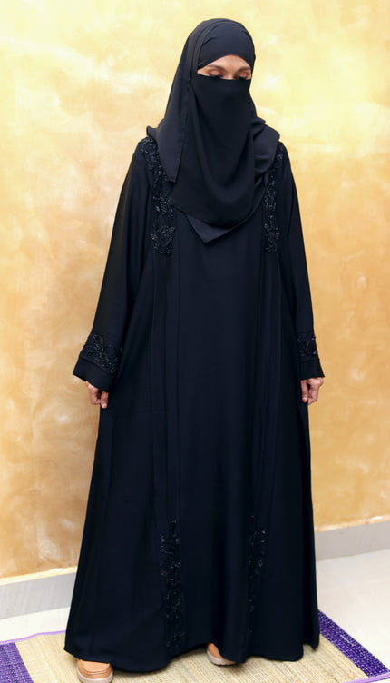 Black Hand‑Embroidered Sleeve & Side Panel Abaya