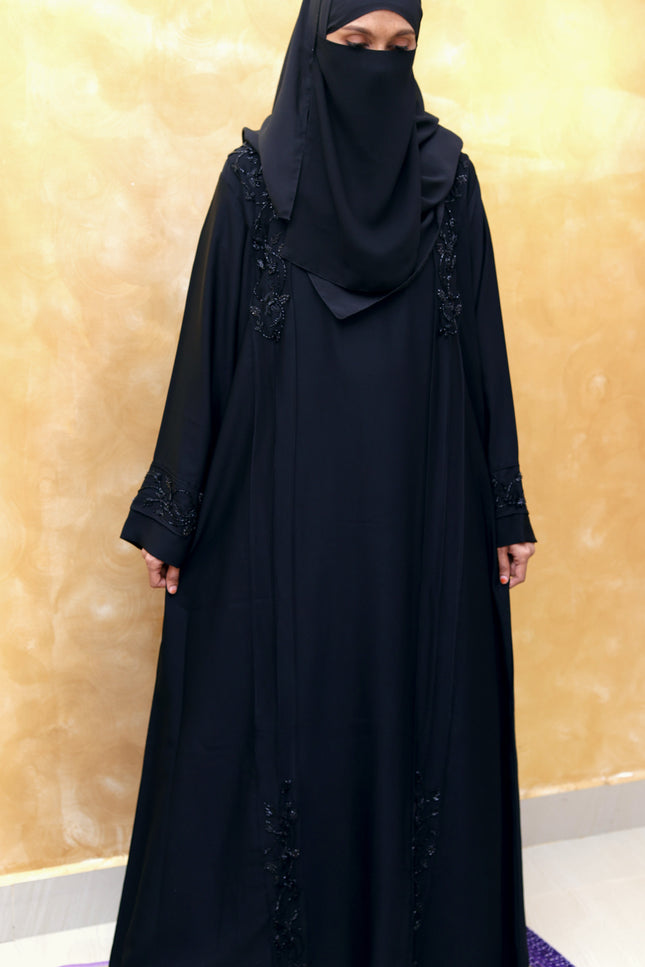 Black Hand‑Embroidered Sleeve & Side Panel Abaya
