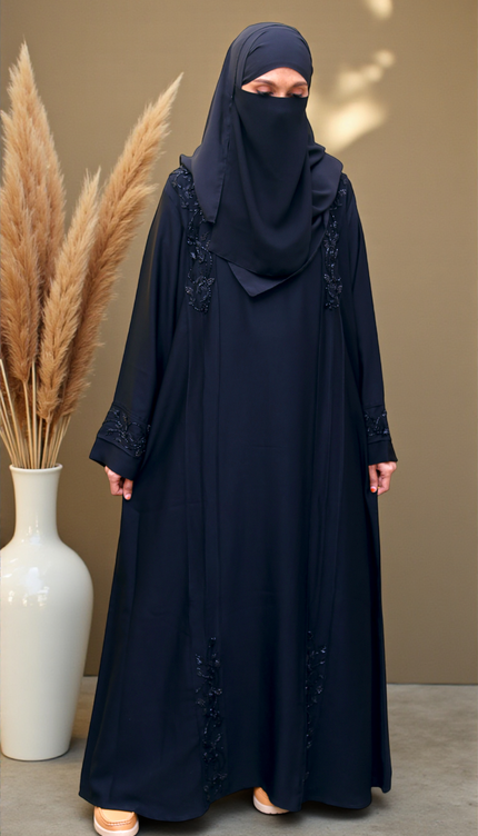 Black Hand‑Embroidered Sleeve & Side Panel Abaya