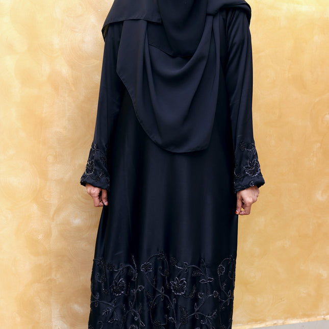 Black Korean Nida -Blend Abaya with Statement Sleeve Handwork | Premium Modestwear