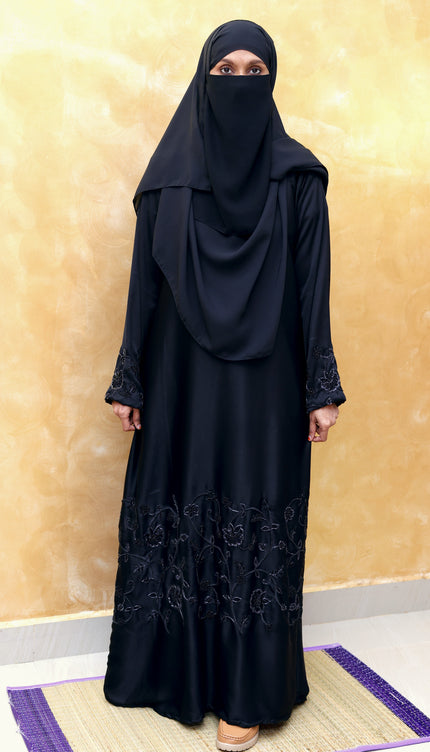 Black Korean Nida -Blend Abaya with Statement Sleeve Handwork | Premium Modestwear