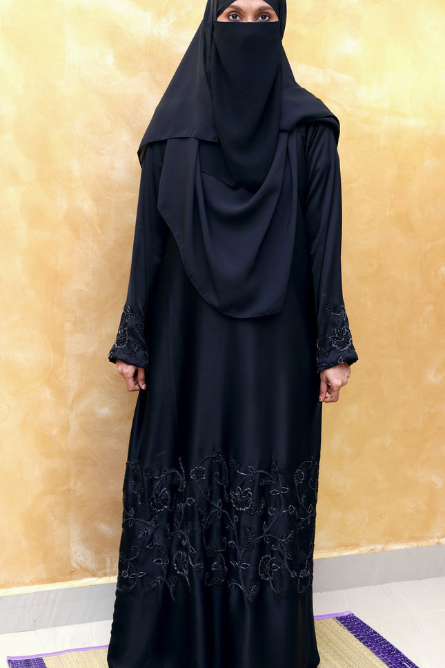 Black Korean Nida -Blend Abaya with Statement Sleeve Handwork | Premium Modestwear