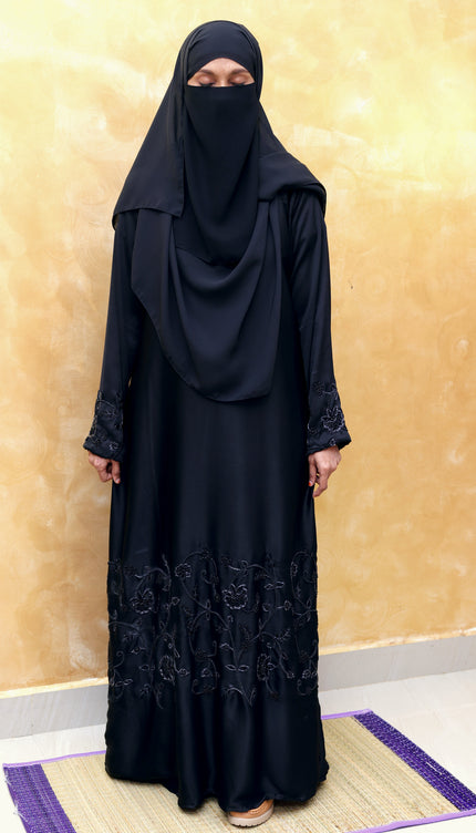 Black Korean Nida -Blend Abaya with Statement Sleeve Handwork | Premium Modestwear