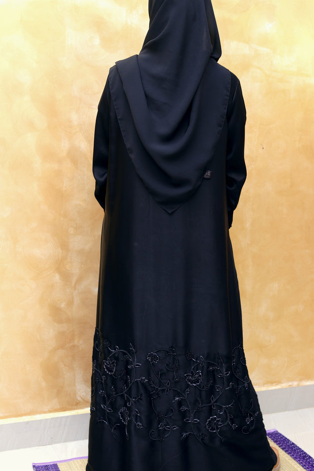 Black Korean Nida -Blend Abaya with Statement Sleeve Handwork | Premium Modestwear