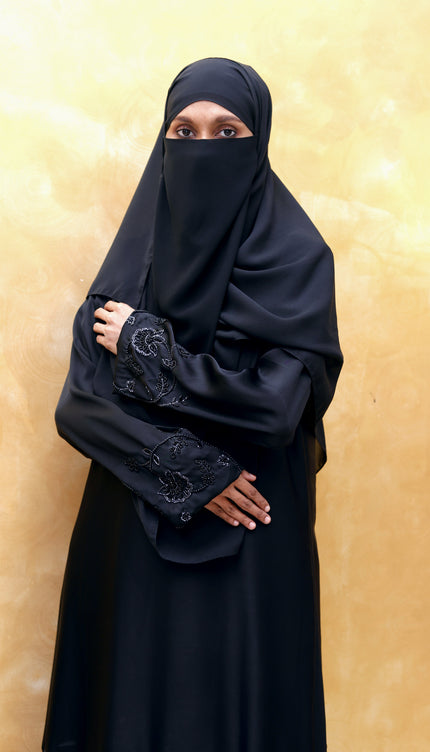 Black Korean Nida -Blend Abaya with Statement Sleeve Handwork | Premium Modestwear