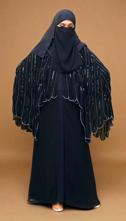 Cape Abaya - Imported Korean Nida With Cape Handwork with Wool Chiffon