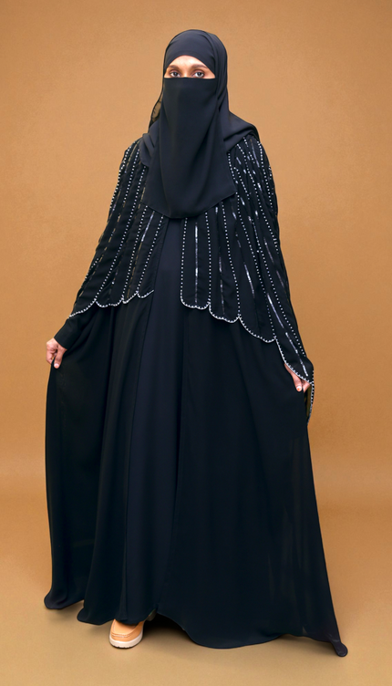 Cape Abaya - Imported Korean Nida With Cape Handwork with Wool Chiffon