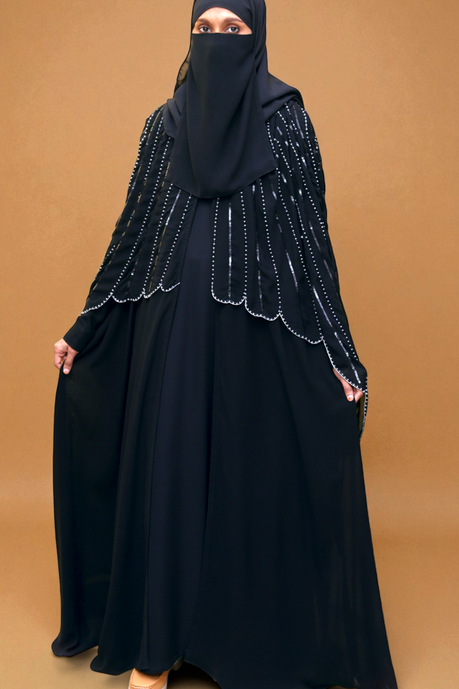 Cape Abaya - Imported Korean Nida With Cape Handwork with Wool Chiffon