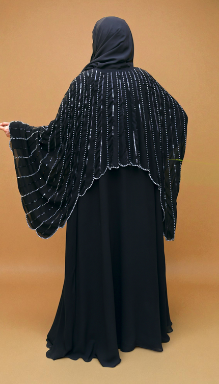 Cape Abaya - Imported Korean Nida With Cape Handwork with Wool Chiffon