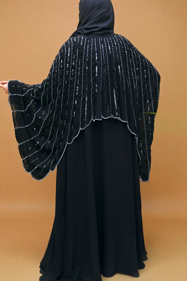 Cape Abaya - Imported Korean Nida With Cape Handwork with Wool Chiffon
