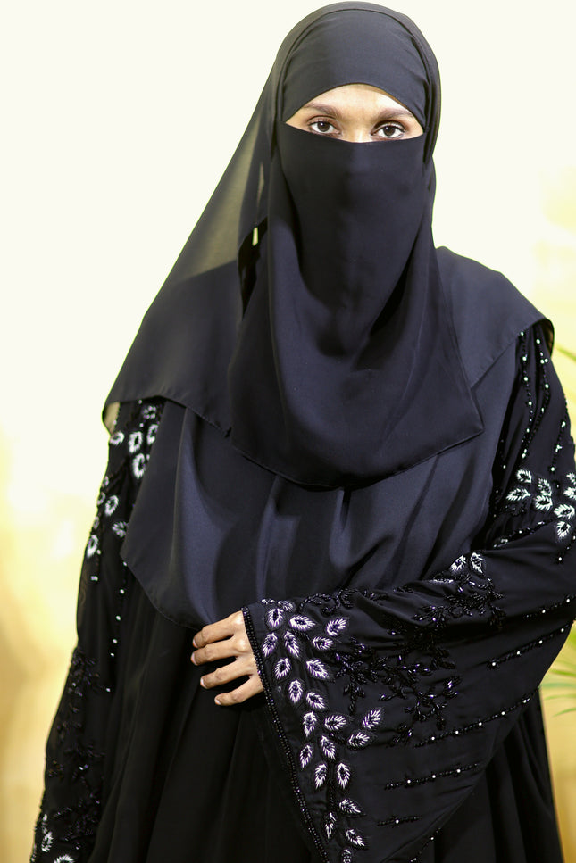Black Peacock Feather Embroidered Abaya | Premium Occasionwear