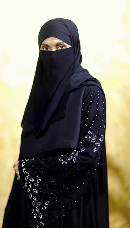 Black Peacock Feather Embroidered Abaya | Premium Occasionwear