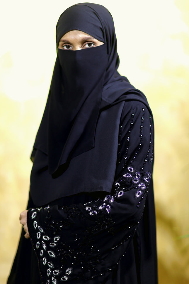 Black Peacock Feather Embroidered Abaya | Premium Occasionwear