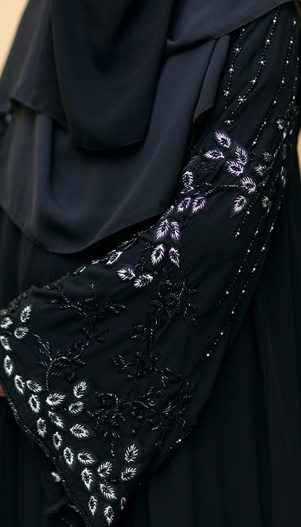 Black Peacock Feather Embroidered Abaya | Premium Occasionwear