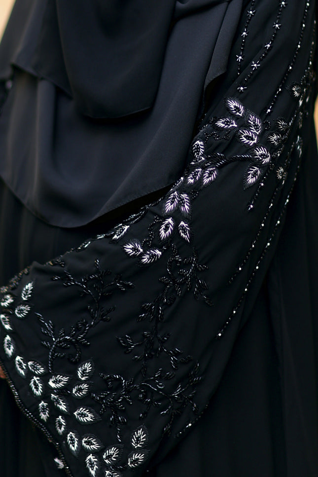 Black Peacock Feather Embroidered Abaya | Premium Occasionwear