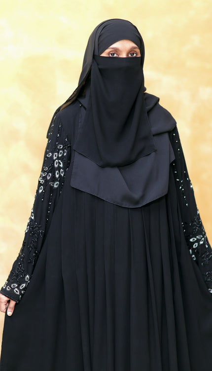 Black Peacock Feather Embroidered Abaya | Premium Occasionwear