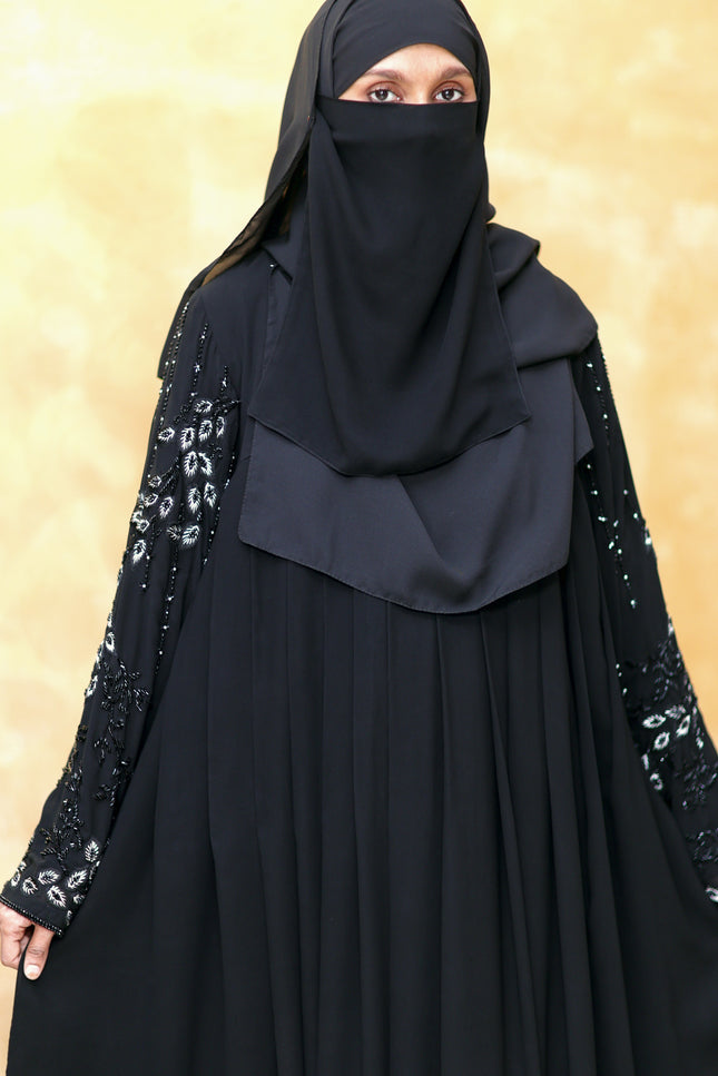 Black Peacock Feather Embroidered Abaya | Premium Occasionwear