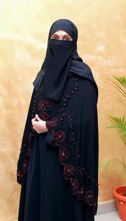 Rose 3D-Embroidered Cape Abaya | Premium Korean Nida