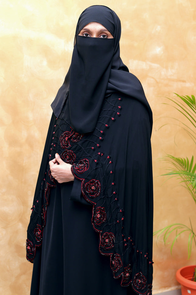 Rose 3D-Embroidered Cape Abaya | Premium Korean Nida
