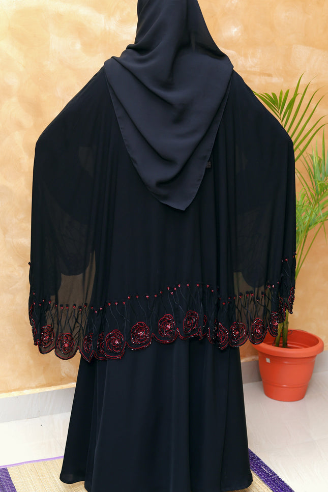Rose 3D-Embroidered Cape Abaya | Premium Korean Nida