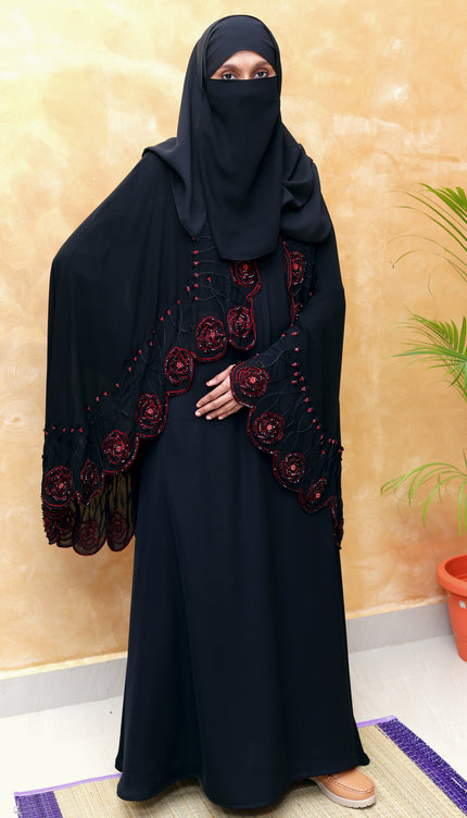 Rose 3D-Embroidered Cape Abaya | Premium Korean Nida