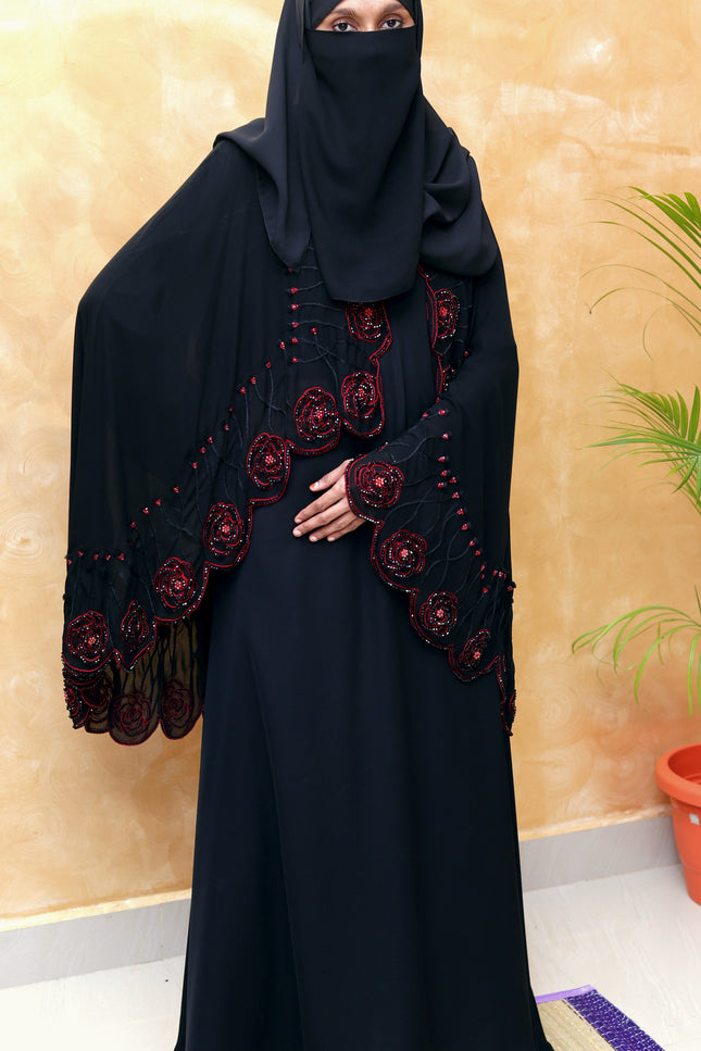 Rose 3D-Embroidered Cape Abaya | Premium Korean Nida