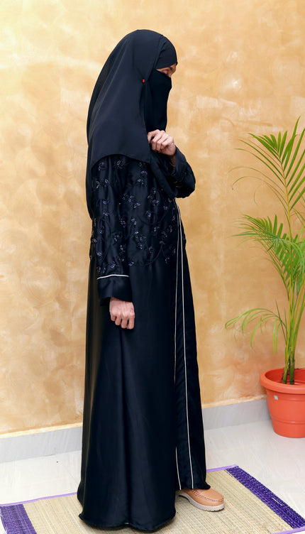 Embroidered Black Beaded Front‑Closed Abaya | Premium Korean Nida