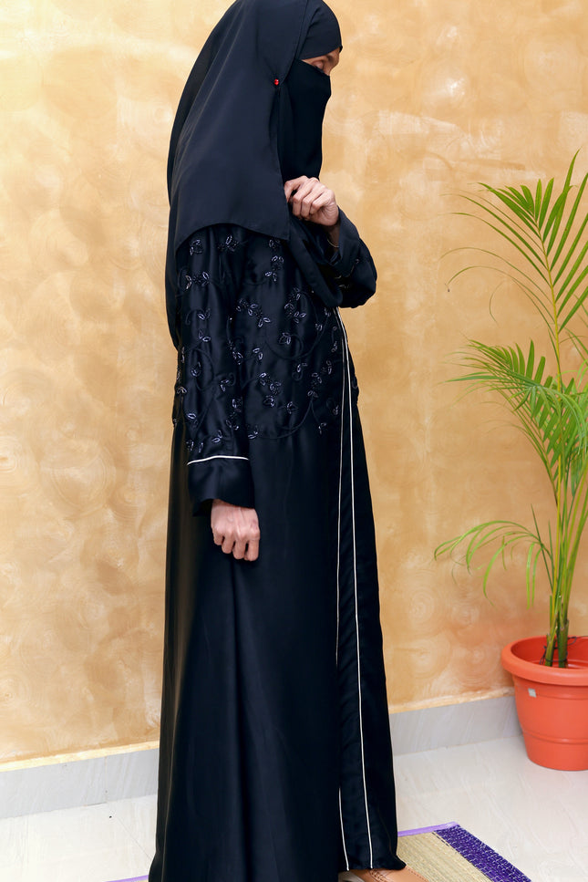 Embroidered Black Beaded Front‑Closed Abaya | Premium Korean Nida