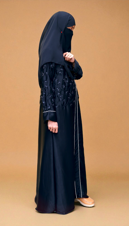 Embroidered Black Beaded Front‑Closed Abaya | Premium Korean Nida