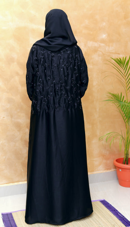 Embroidered Black Beaded Front‑Closed Abaya | Premium Korean Nida