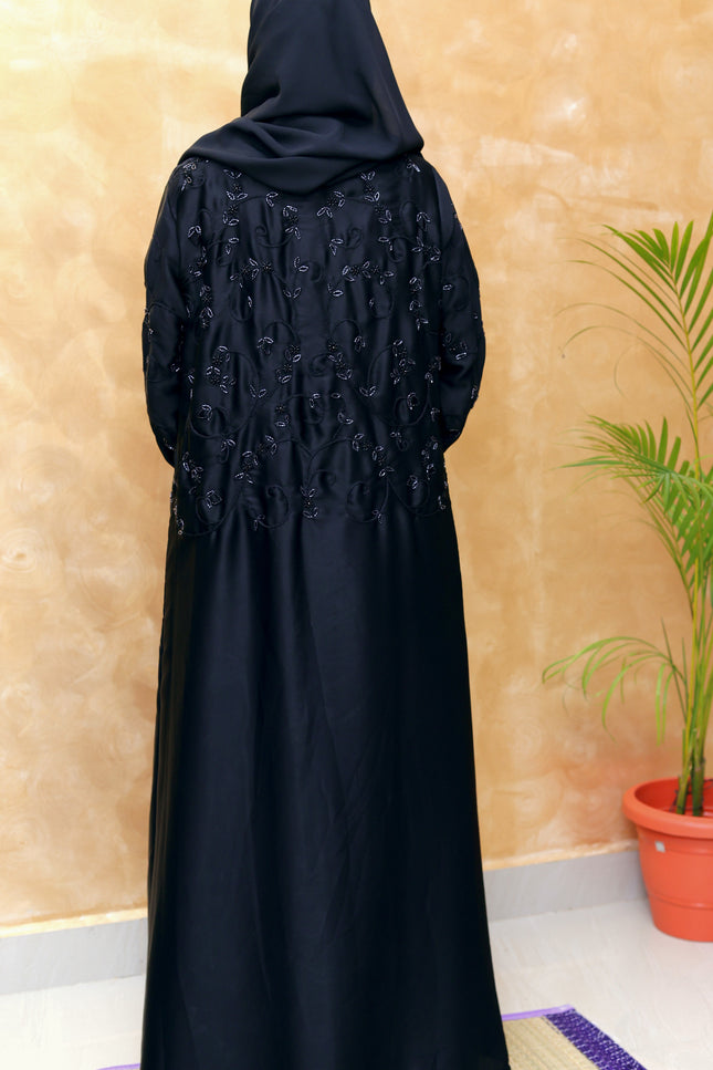 Embroidered Black Beaded Front‑Closed Abaya | Premium Korean Nida
