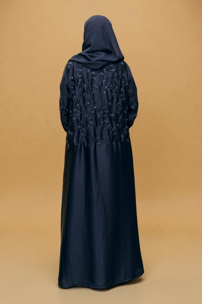 Embroidered Black Beaded Front‑Closed Abaya | Premium Korean Nida