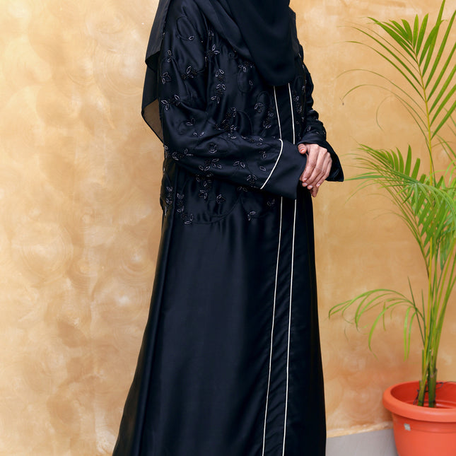 Embroidered Black Beaded Front‑Closed Abaya | Premium Korean Nida