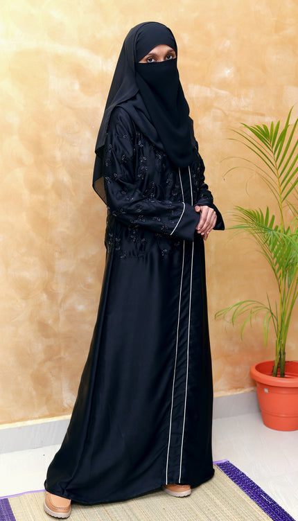 Embroidered Black Beaded Front‑Closed Abaya | Premium Korean Nida