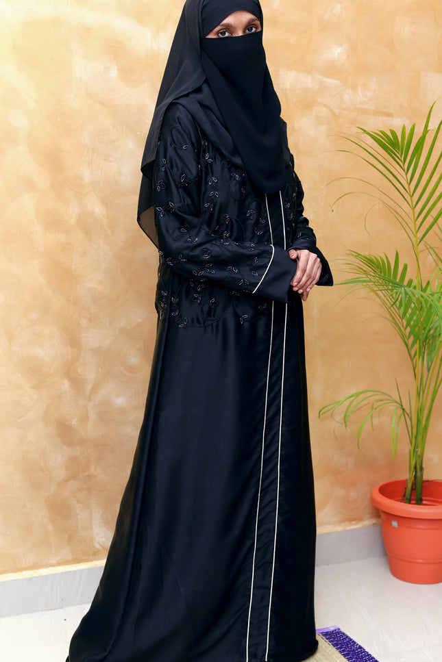 Embroidered Black Beaded Front‑Closed Abaya | Premium Korean Nida