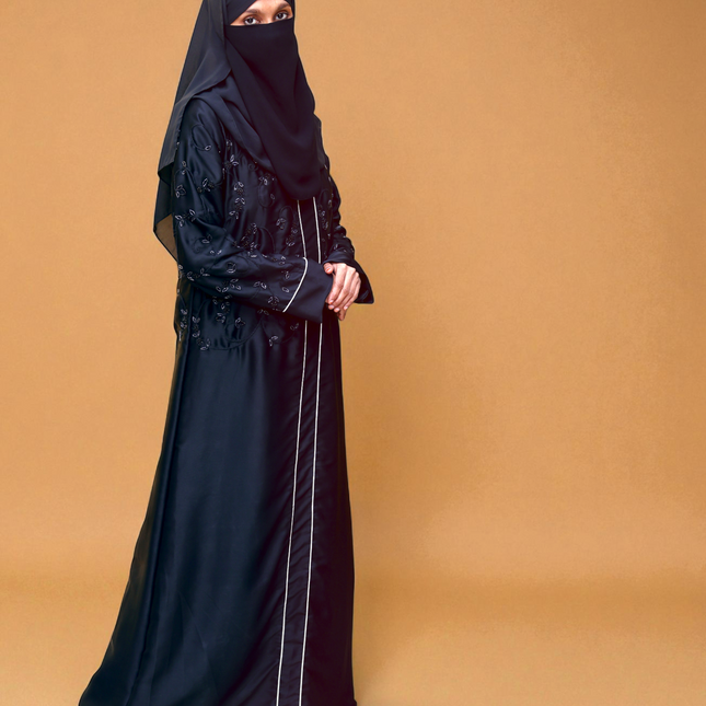 Embroidered Black Beaded Front‑Closed Abaya | Premium Korean Nida