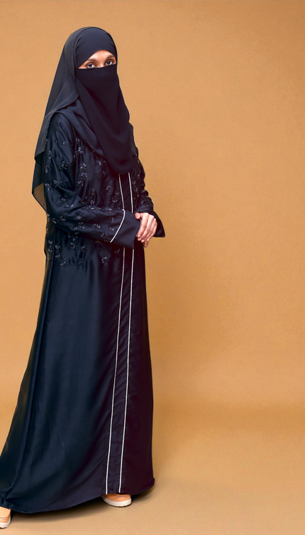 Embroidered Black Beaded Front‑Closed Abaya | Premium Korean Nida