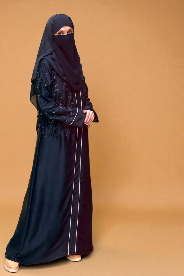 Embroidered Black Beaded Front‑Closed Abaya | Premium Korean Nida