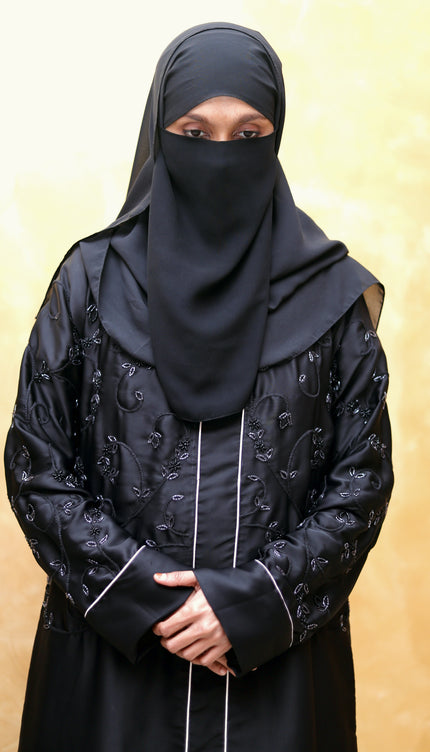 Embroidered Black Beaded Front‑Closed Abaya | Premium Korean Nida